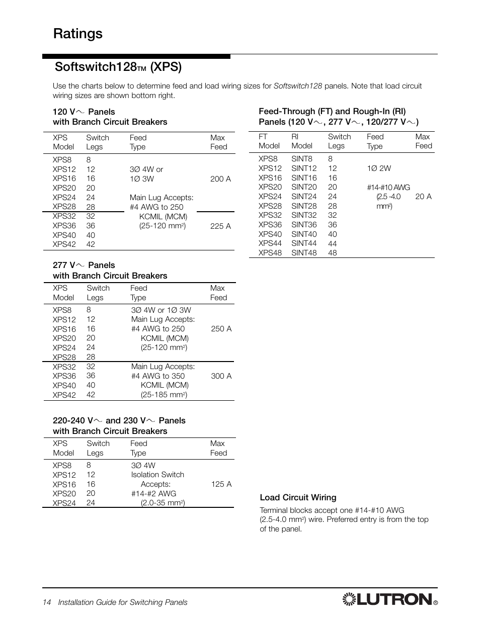 Ratings, Softswitch128, Xps) | Lutron Electronics Switch User Manual | Page 14 / 20