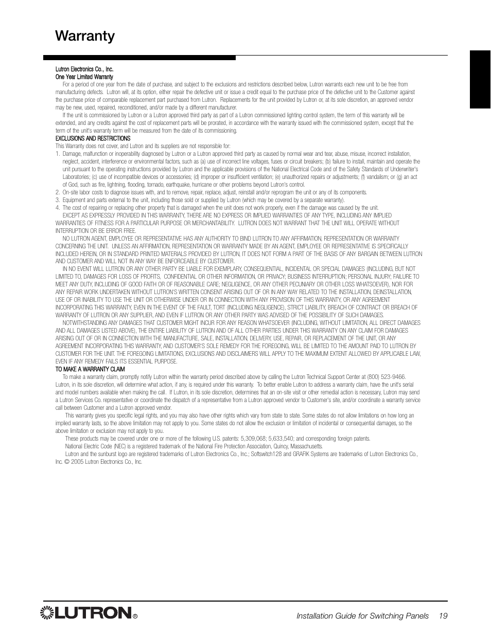 Warranty | Lutron Electronics Switch User Manual | Page 19 / 20