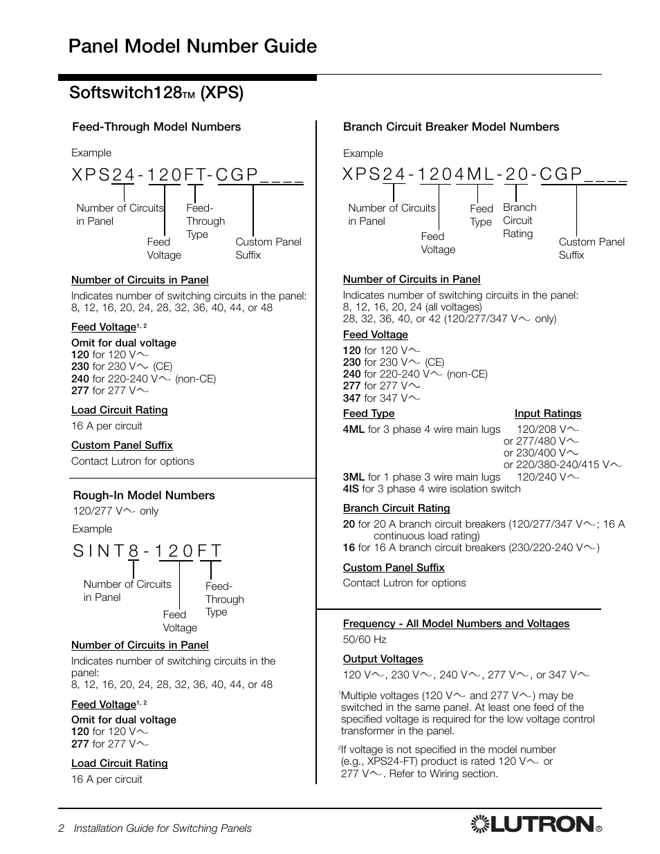 Panel model number guide, Softswitch128 | Lutron Electronics Switch User Manual | Page 2 / 20