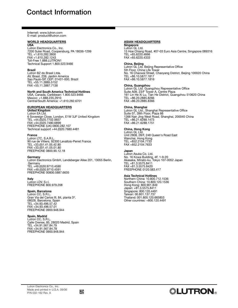 Contact information | Lutron Electronics Switch User Manual | Page 20 / 20