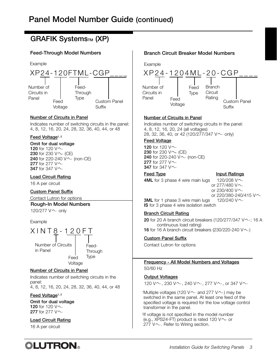 Panel model number guide, Continued) grafik systems | Lutron Electronics Switch User Manual | Page 3 / 20