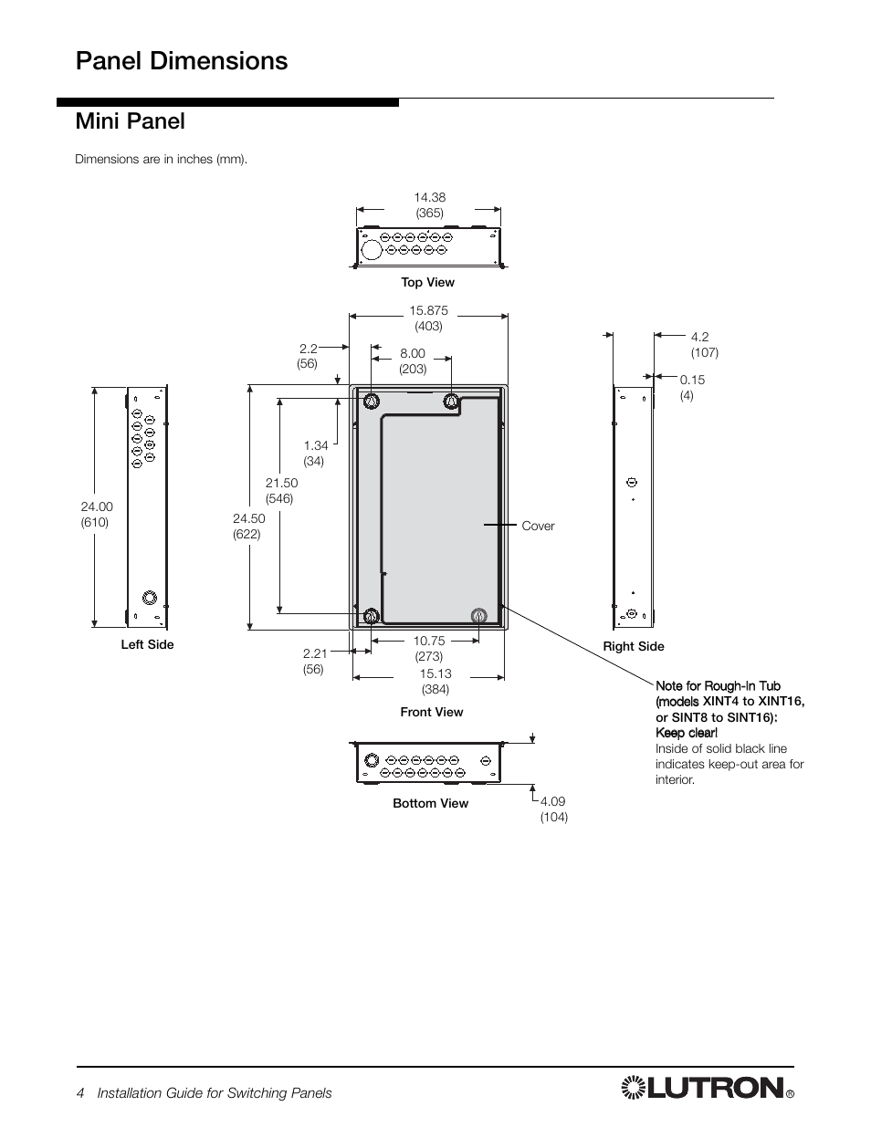 Panel dimensions, Mini panel | Lutron Electronics Switch User Manual | Page 4 / 20