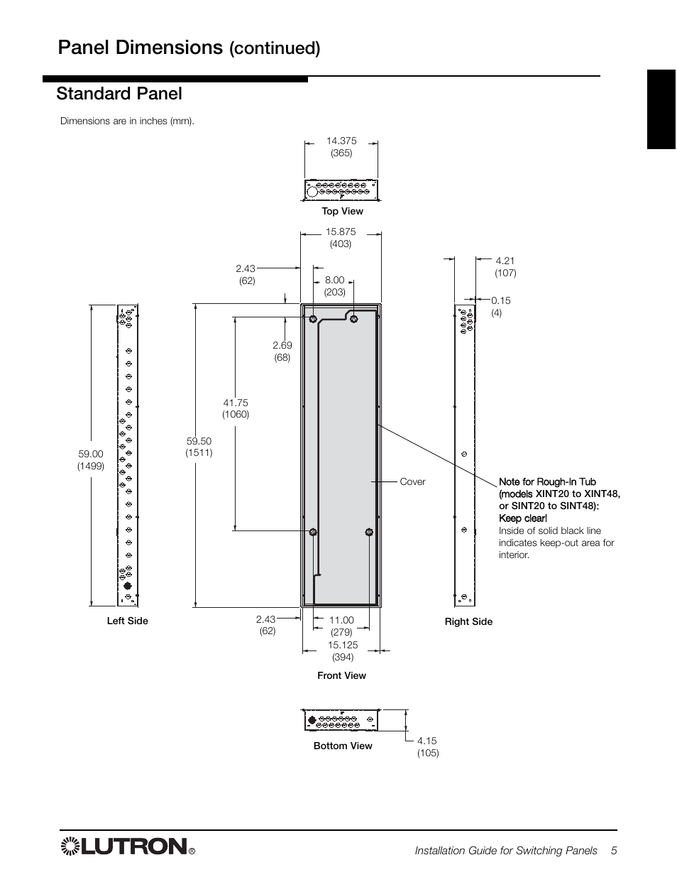 Panel dimensions, Continued), Standard panel | Lutron Electronics Switch User Manual | Page 5 / 20