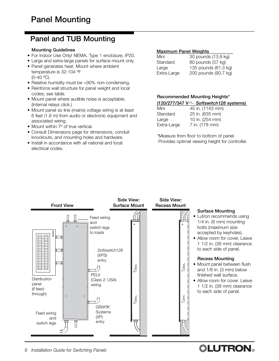 Panel mounting, Panel and tub mounting | Lutron Electronics Switch User Manual | Page 8 / 20