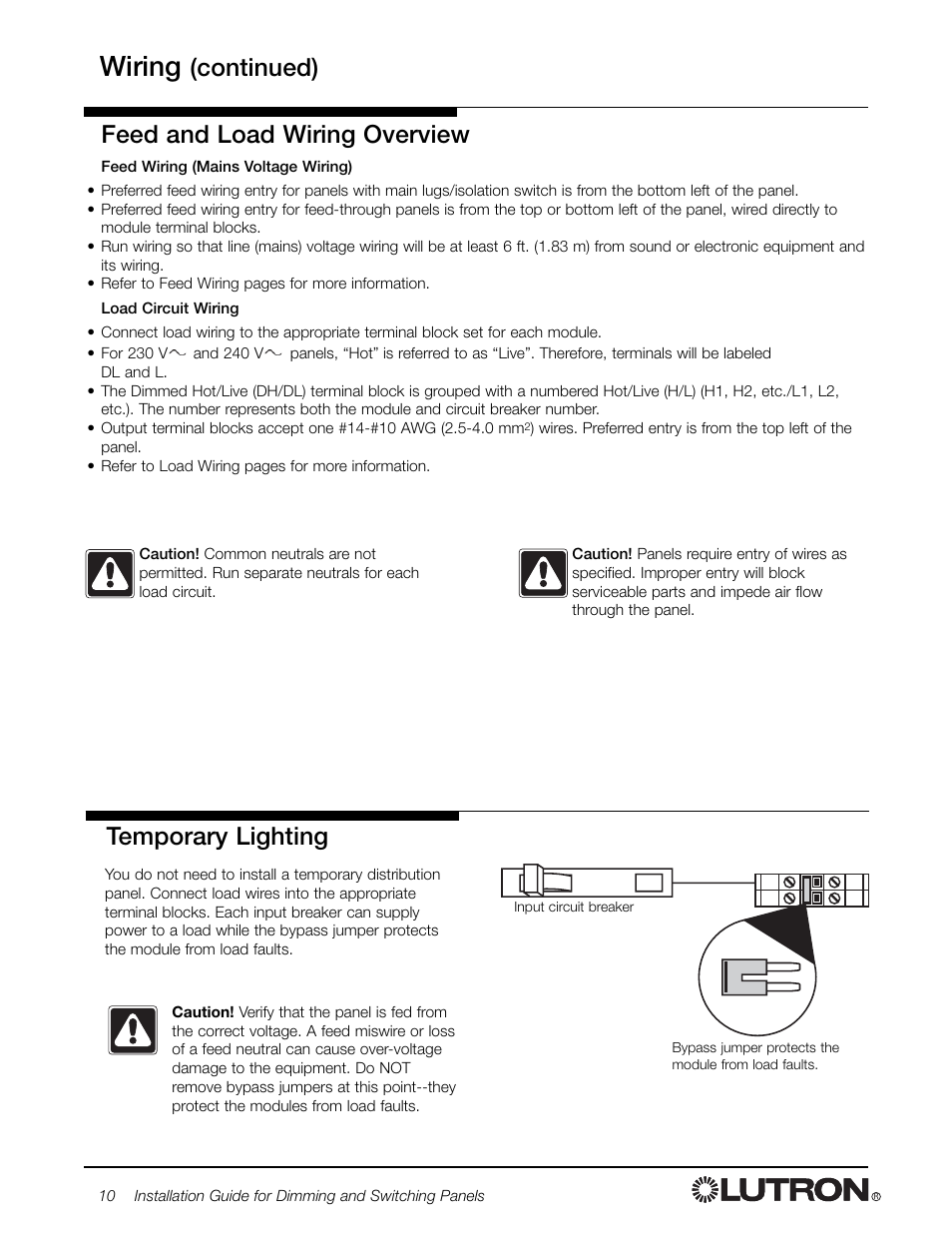 Wiring, Continued), Feed and load wiring overview | Temporary lighting | Lutron Electronics LCP128 User Manual | Page 10 / 20