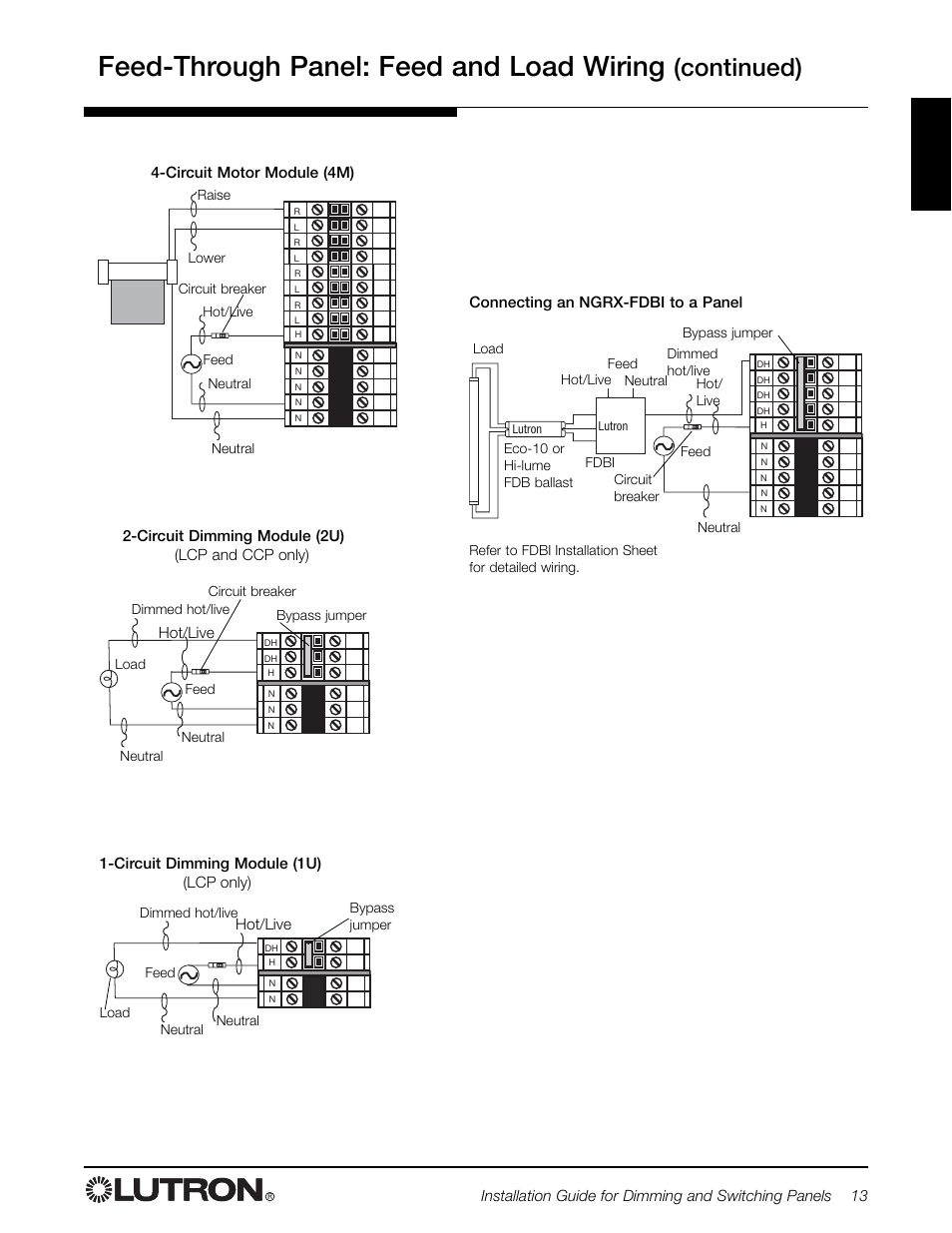 Feed-through panel: feed and load wiring, Continued) | Lutron Electronics LCP128 User Manual | Page 13 / 20