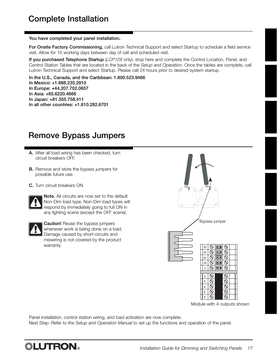 Complete installation remove bypass jumpers | Lutron Electronics LCP128 User Manual | Page 17 / 20