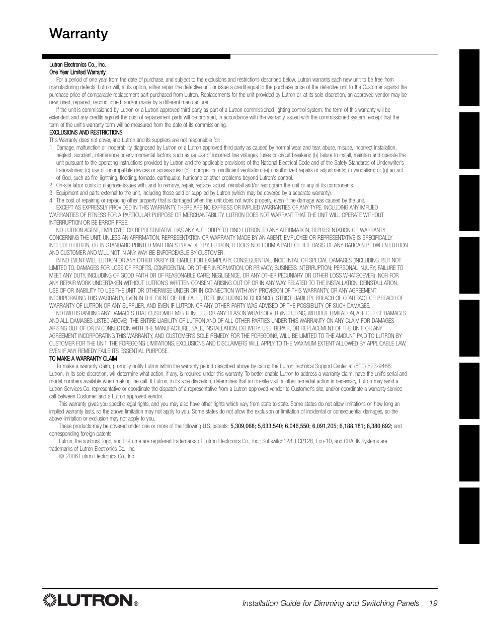 Warranty | Lutron Electronics LCP128 User Manual | Page 19 / 20