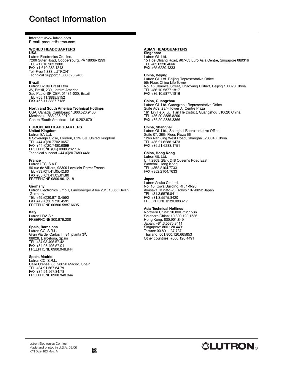 Contact information | Lutron Electronics LCP128 User Manual | Page 20 / 20
