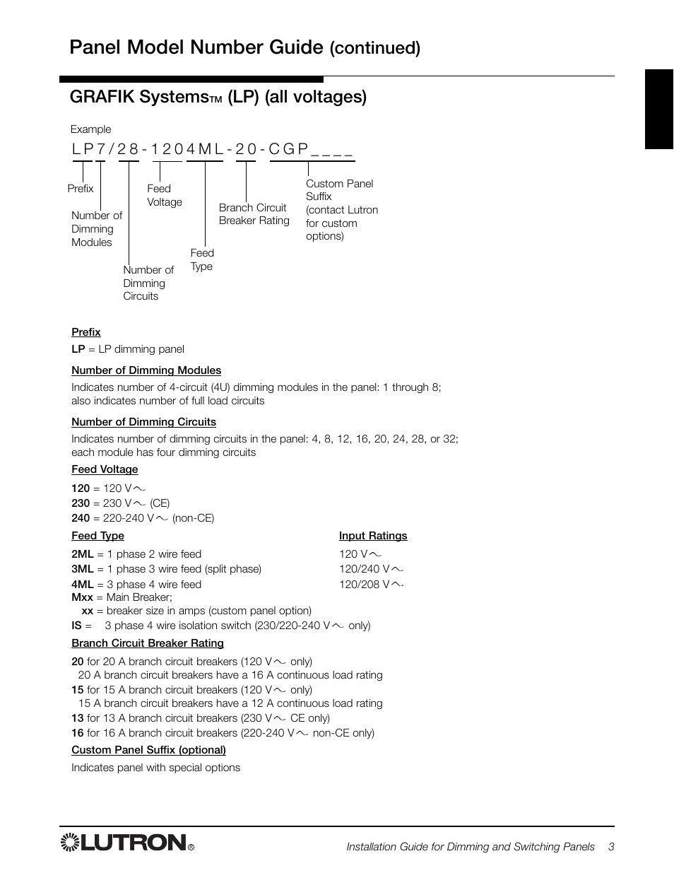 Panel model number guide, Continued) grafik systems, Lp) (all voltages) | Lutron Electronics LCP128 User Manual | Page 3 / 20
