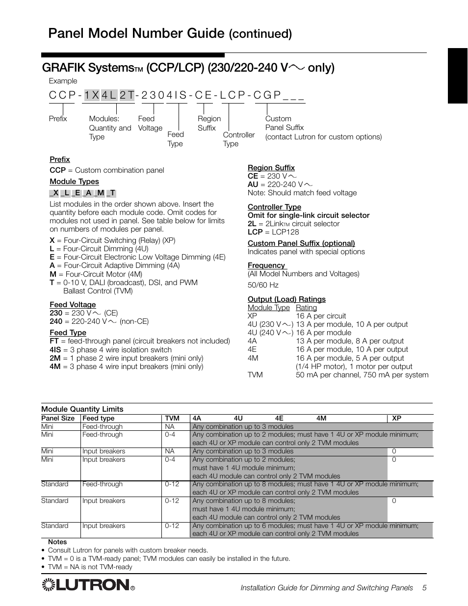 Panel model number guide, Continued), Grafik systems | Lutron Electronics LCP128 User Manual | Page 5 / 20