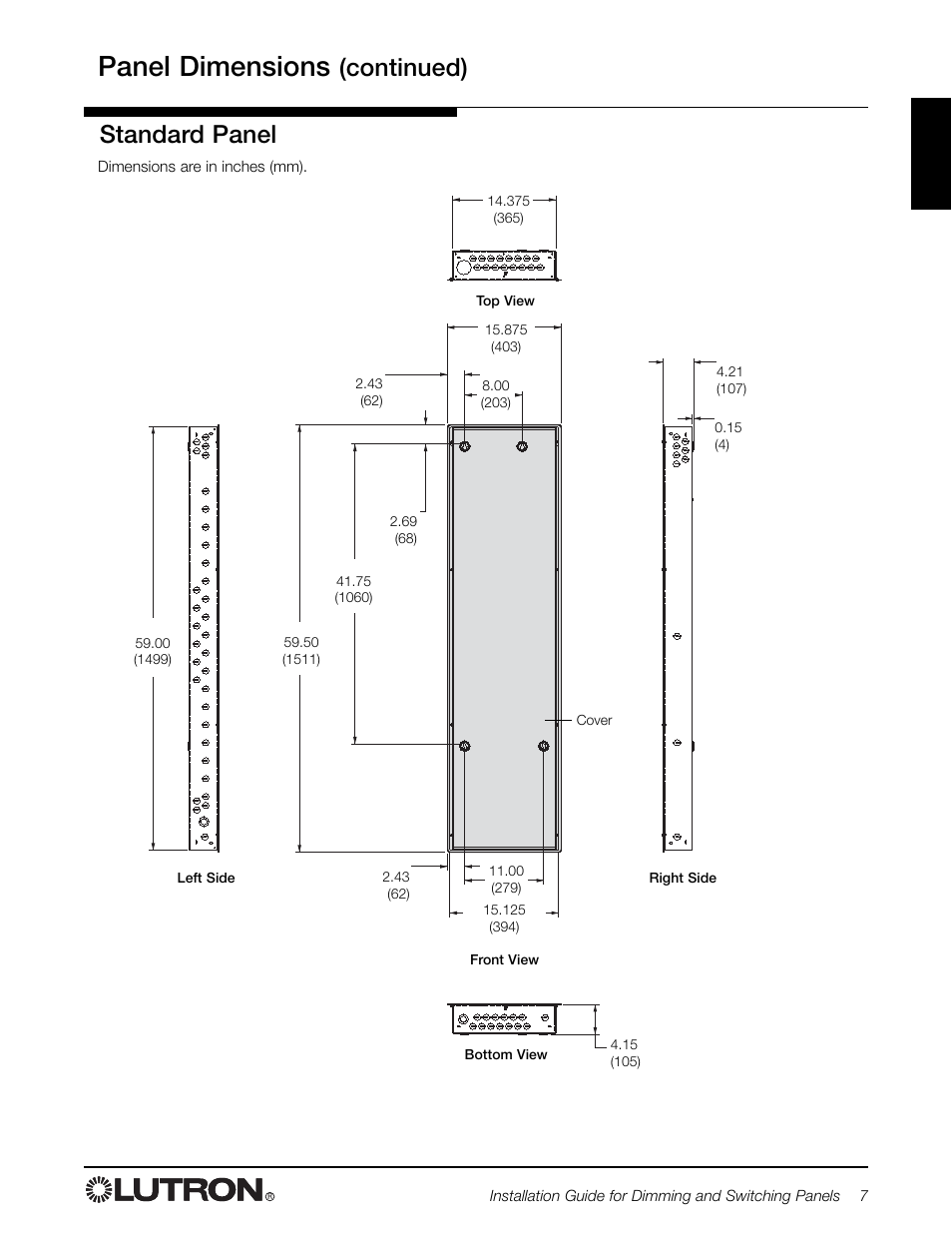 Panel dimensions, Continued) standard panel | Lutron Electronics LCP128 User Manual | Page 7 / 20