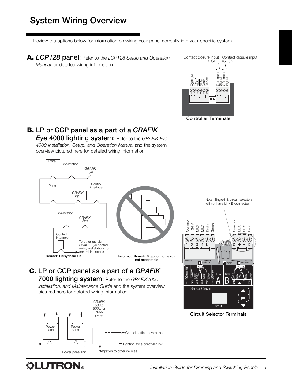 System wiring overview, A. lcp128 panel | Lutron Electronics LCP128 User Manual | Page 9 / 20