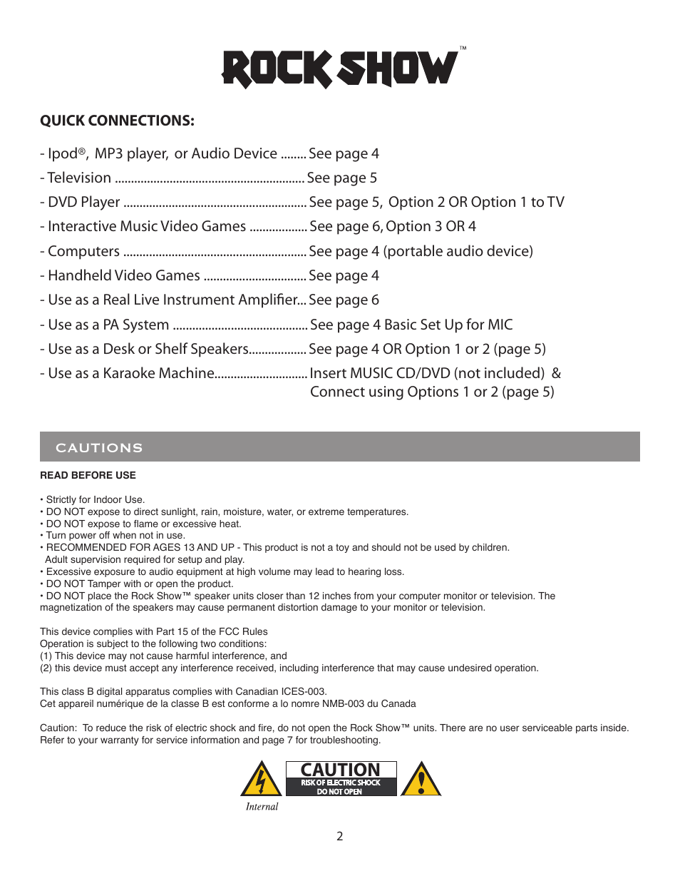 Cautions | LumiSource Rock Show Venue User Manual | Page 2 / 8