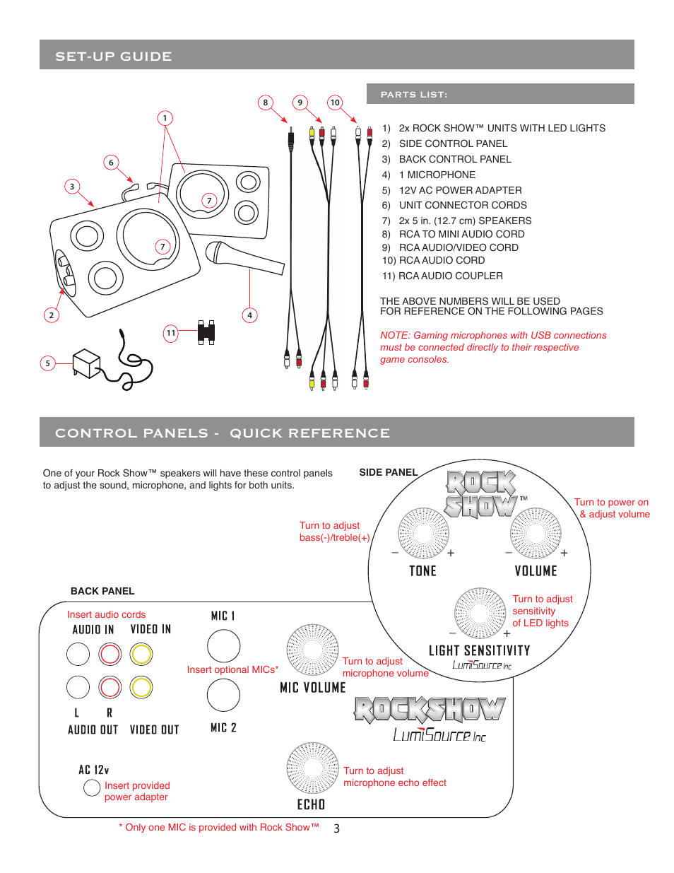 Set-up guide, Control panels - quick reference | LumiSource Rock Show Venue User Manual | Page 3 / 8