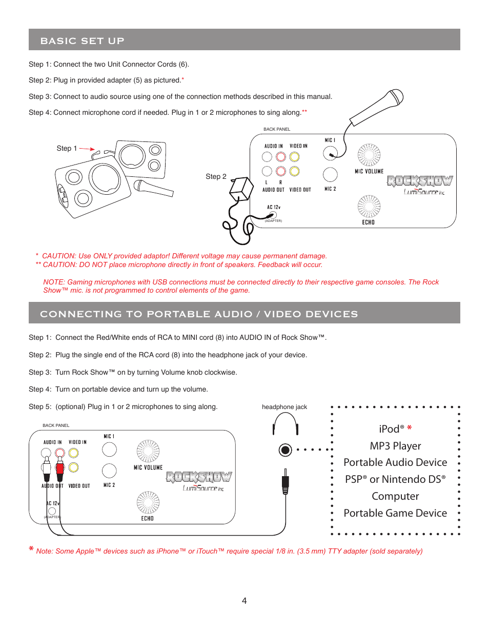 Connecting to portable audio / video devices, Basic set up | LumiSource Rock Show Venue User Manual | Page 4 / 8