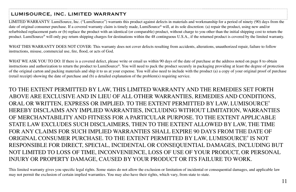 Lumisource, inc. limited warranty 11 | LumiSource Boom Chair User Manual | Page 11 / 12