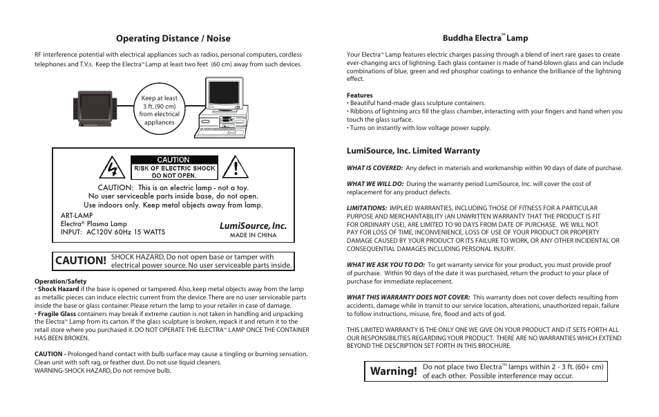 Caution, Warning, Lumisource, inc | Operating distance / noise, Buddha electra, Lamp, Lumisource, inc. limited warranty | LumiSource Home Safety Product User Manual | Page 2 / 2