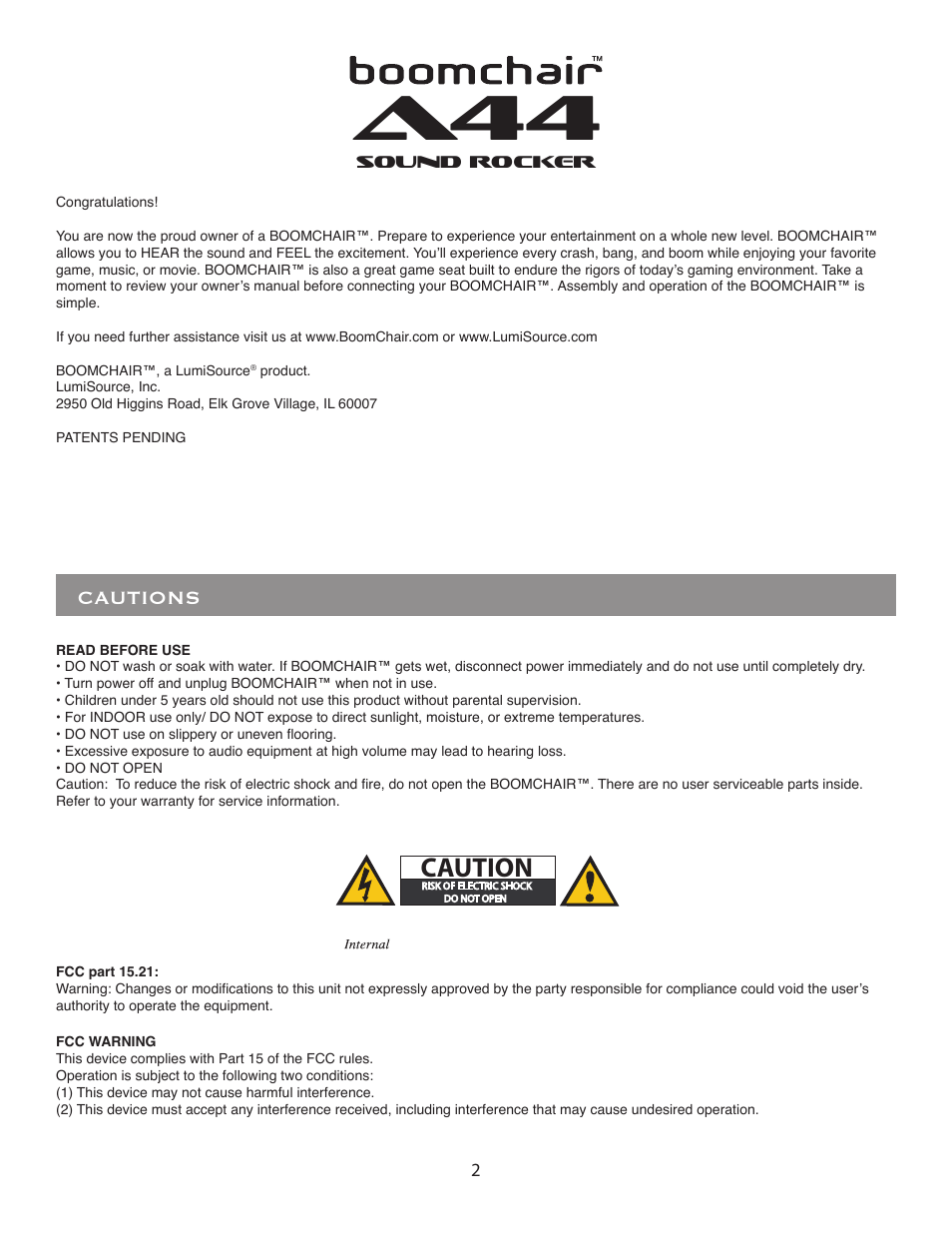 Cautions | LumiSource BoomChair A44 User Manual | Page 2 / 8