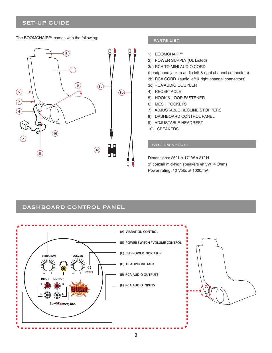 Set-up guide, Dashboard control panel | LumiSource BoomChair A44 User Manual | Page 3 / 8