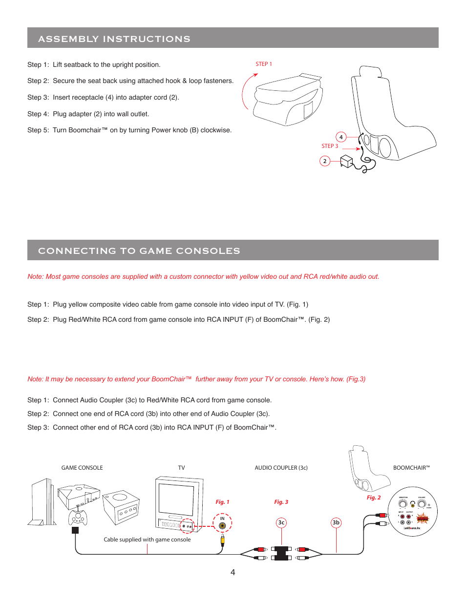Connecting to game consoles, Assembly instructions | LumiSource BoomChair A44 User Manual | Page 4 / 8