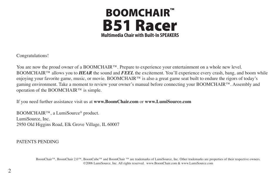 B51 racer, Boomchair | LumiSource B51 User Manual | Page 2 / 12