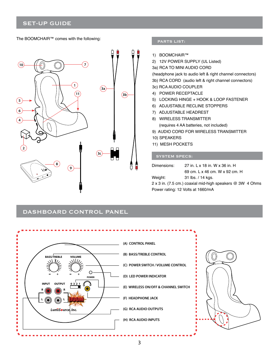 Set-up guide, Dashboard control panel | LumiSource BoomChair FX2 User Manual | Page 3 / 8
