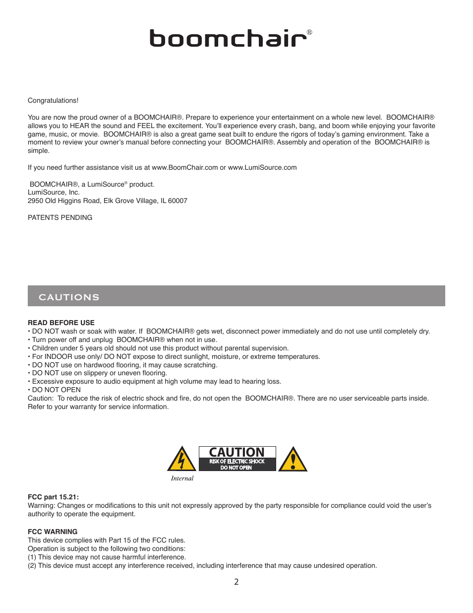 Caution, Cautions | LumiSource BoomChair Blast User Manual | Page 2 / 8