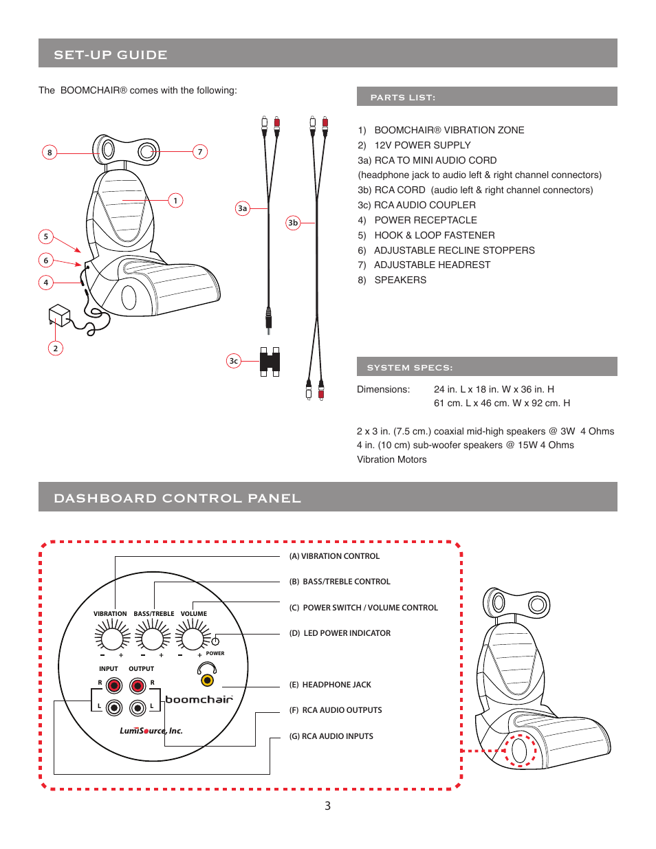 Set-up guide, Dashboard control panel | LumiSource BoomChair Blast User Manual | Page 3 / 8