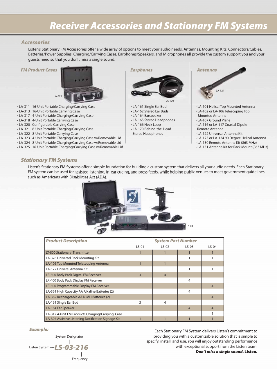 Fm systems, Receiver accessories and stationary fm systems, Stationary fm systems accessories | Listen Technologies LA-101 User Manual | Page 11 / 12