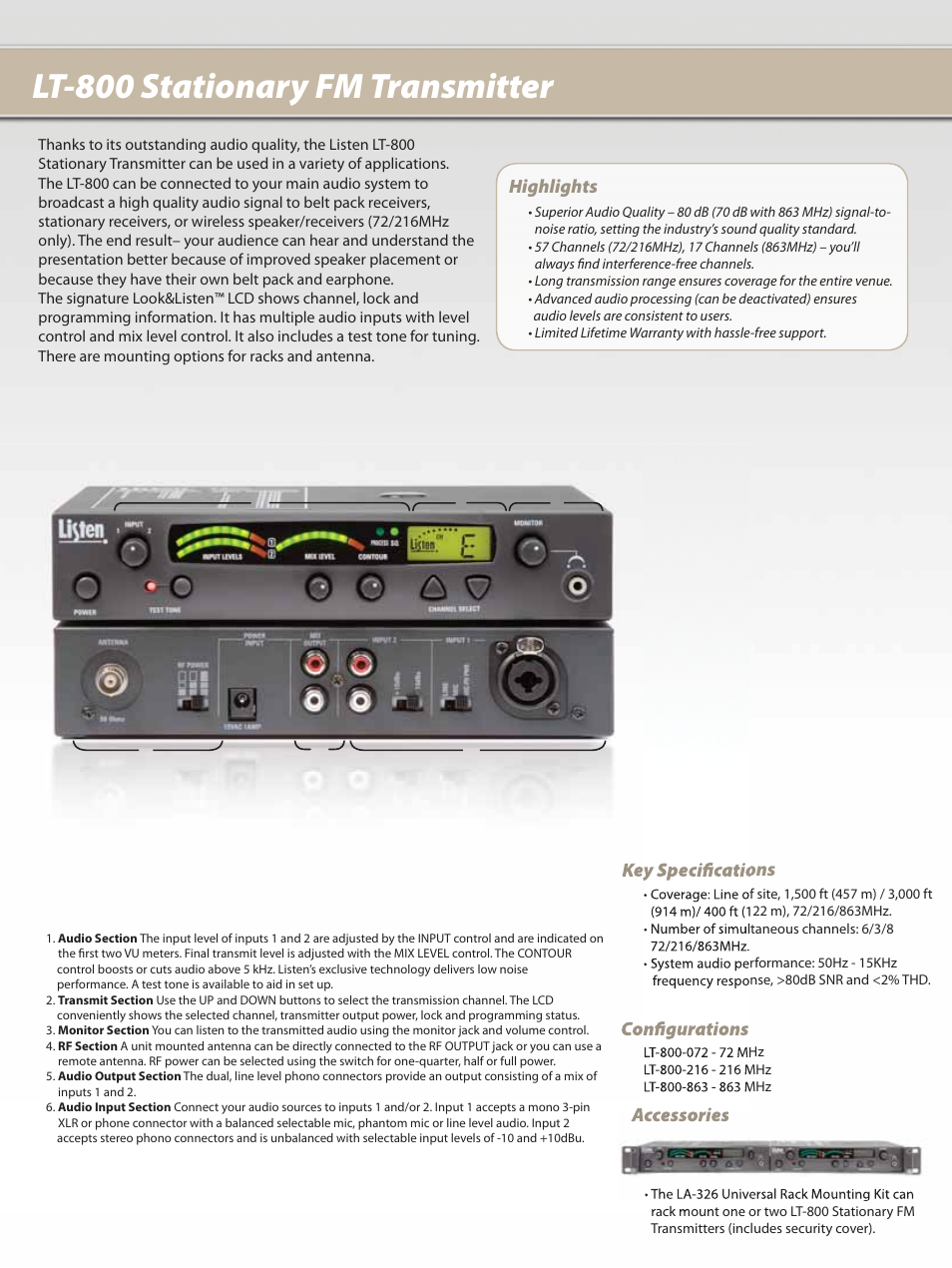 Lt-800 stationary fm transmitter, Highlights, Key specifi cations confi gurations accessories | Listen Technologies LA-101 User Manual | Page 6 / 12