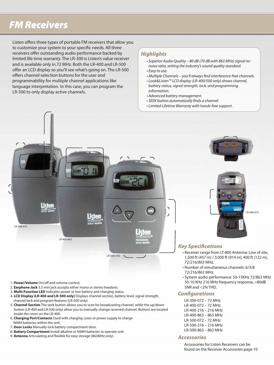 Fm receivers, Highlights, Key specifi cations confi gurations accessories | Listen Technologies LA-101 User Manual | Page 8 / 12