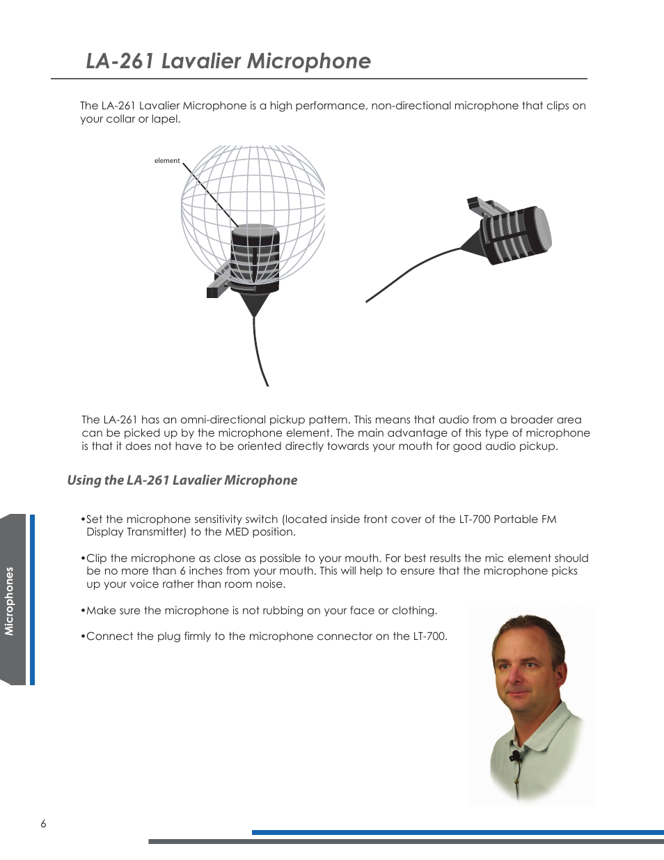 La-261 lavalier microphone, Using the la-261 lavalier microphone | Listen Technologies LA-278 User Manual | Page 10 / 24