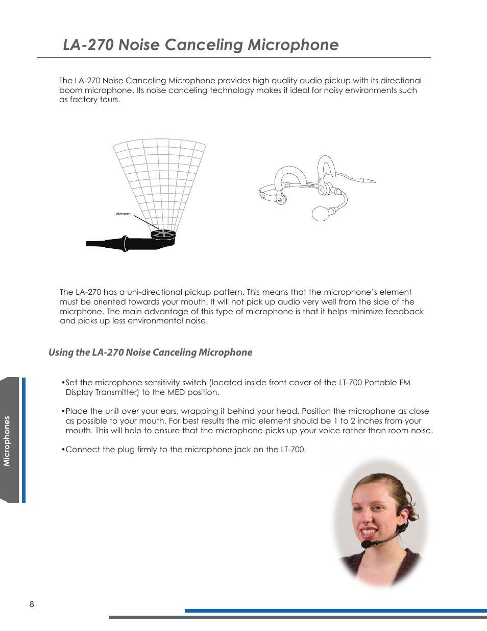 La-270 noise canceling microphone, Using the la-270 noise canceling microphone | Listen Technologies LA-278 User Manual | Page 12 / 24