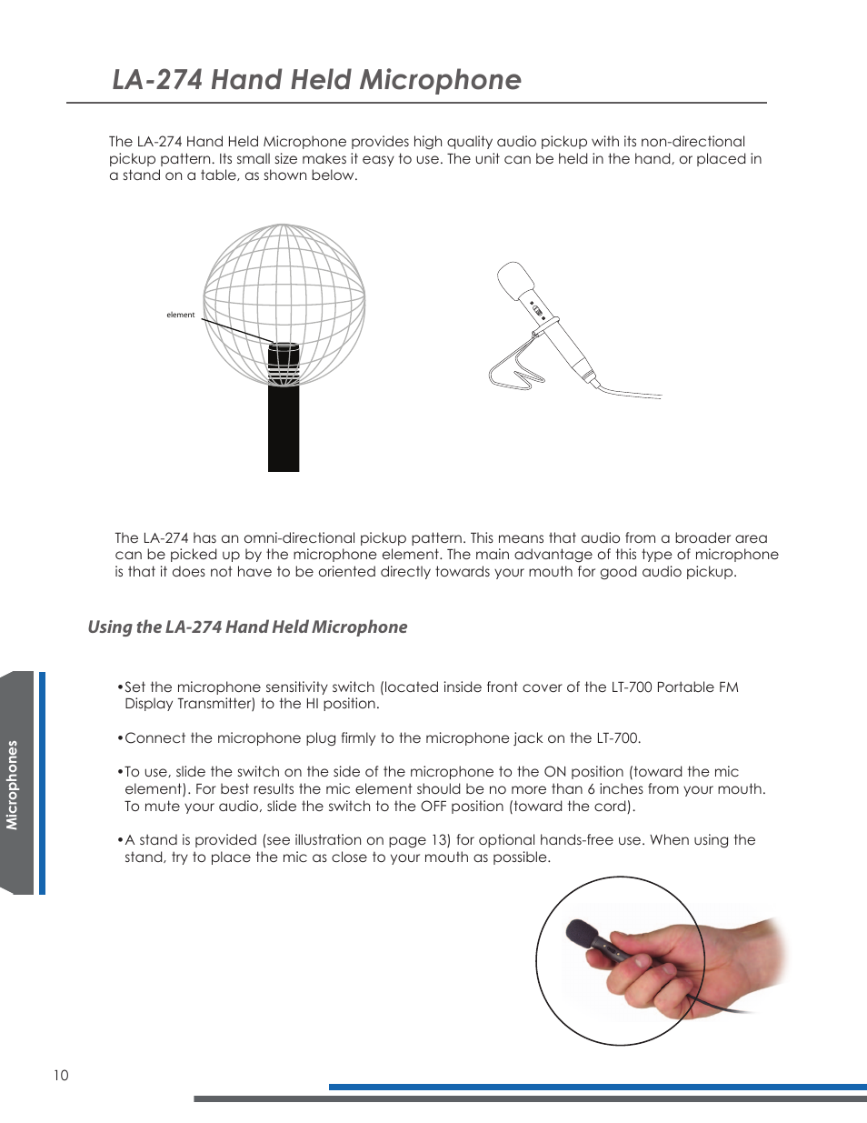 La-274 hand held microphone, Using the la-274 hand held microphone | Listen Technologies LA-278 User Manual | Page 14 / 24