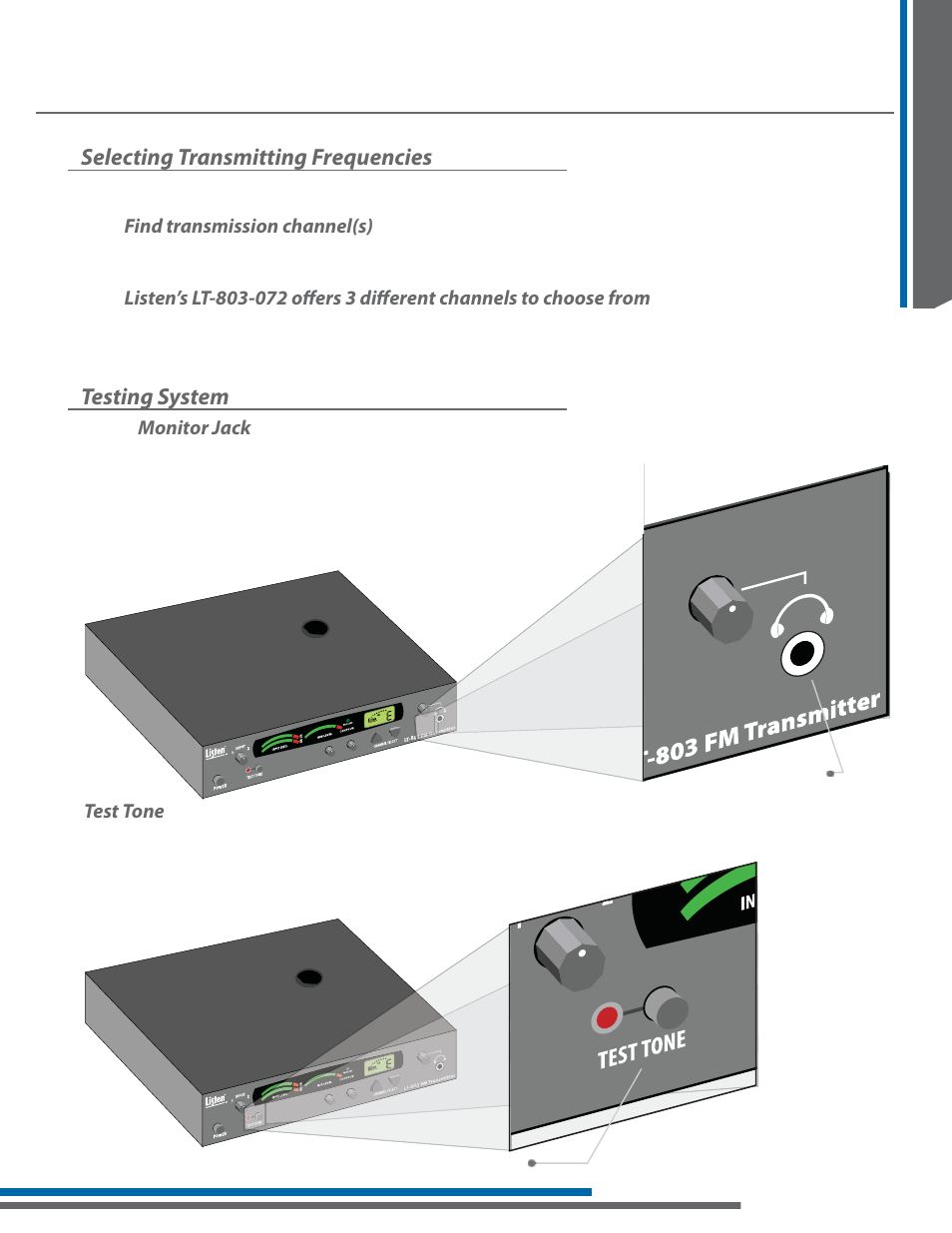 Key concepts in value package setup, Selecting transmitting frequencies, Testing system | Test tone, Find transmission channel(s), Monitor jack | Listen Technologies LA-161 User Manual | Page 15 / 65