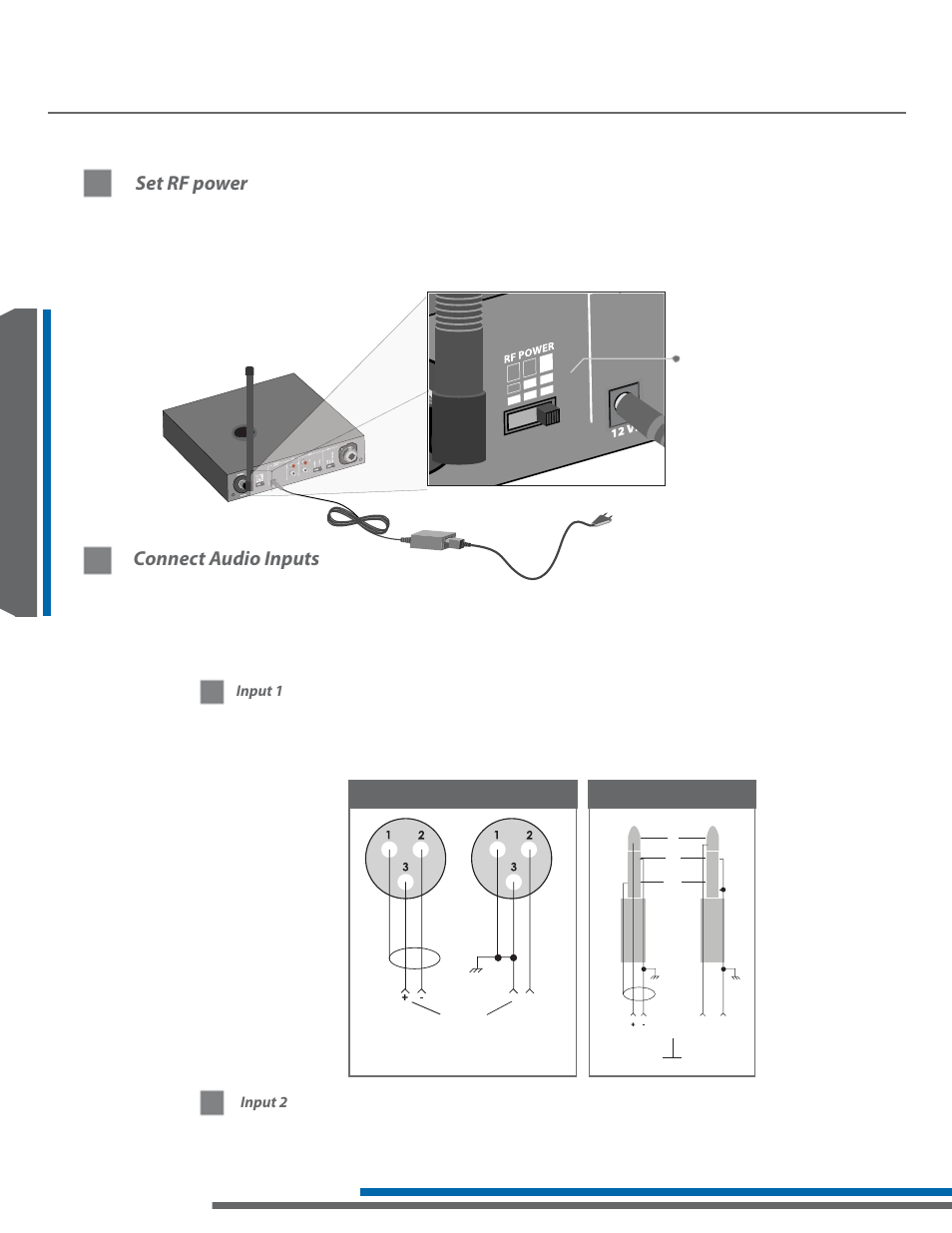 Set rf power connect audio inputs, Xlr wiring, 1/4 in. phono wiring | Input 1 6b, Input 2 | Listen Technologies LA-161 User Manual | Page 30 / 65