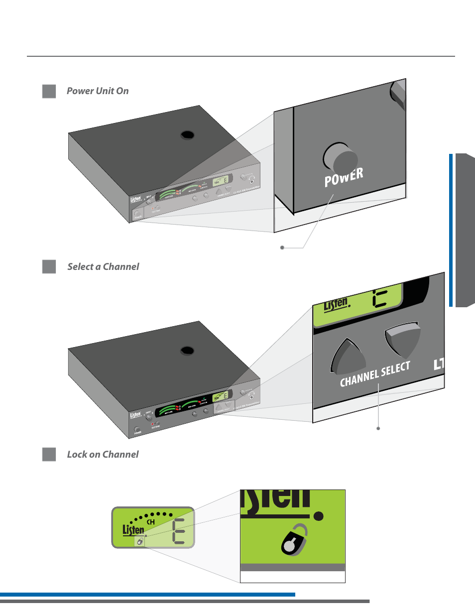 Power unit on, Select a channel, Lock on channel | Listen Technologies LA-161 User Manual | Page 31 / 65