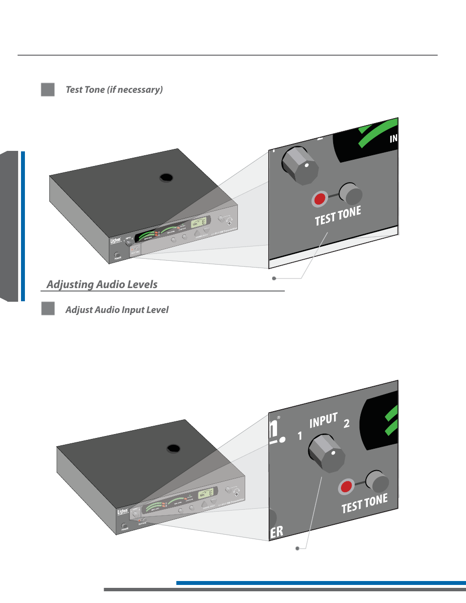 Adjusting audio levels, Test tone (if necessary) adjust audio input level | Listen Technologies LA-161 User Manual | Page 32 / 65