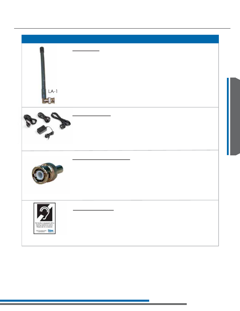 Antennas, Power supply, Cables/ connectors | Miscellaneous, Accessories | Listen Technologies LA-161 User Manual | Page 35 / 65