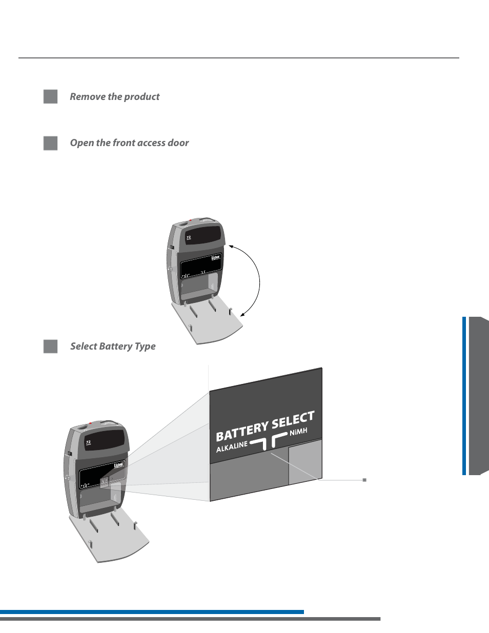 Batter y selec t, Remove the product, Open the front access door | Select battery type, Battery select switch | Listen Technologies LA-161 User Manual | Page 45 / 65