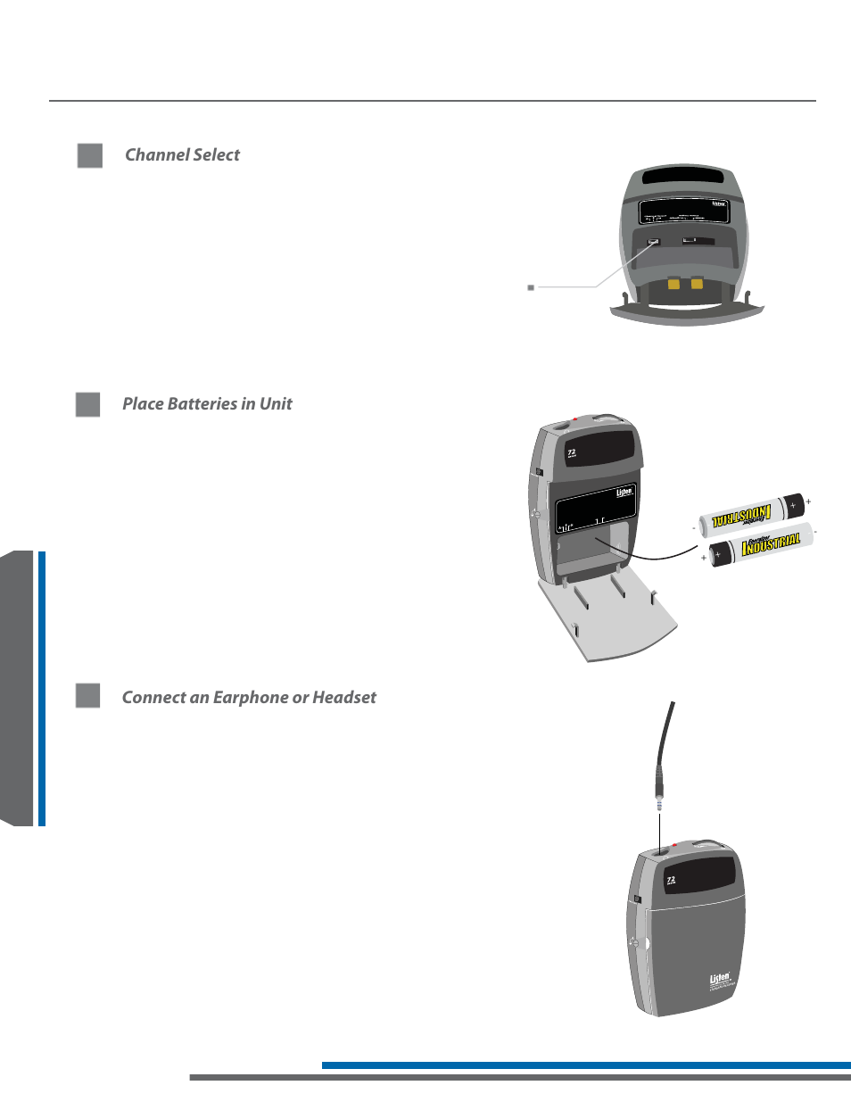 Place batteries in unit, Connect an earphone or headset, Channel select | Listen Technologies LA-161 User Manual | Page 46 / 65