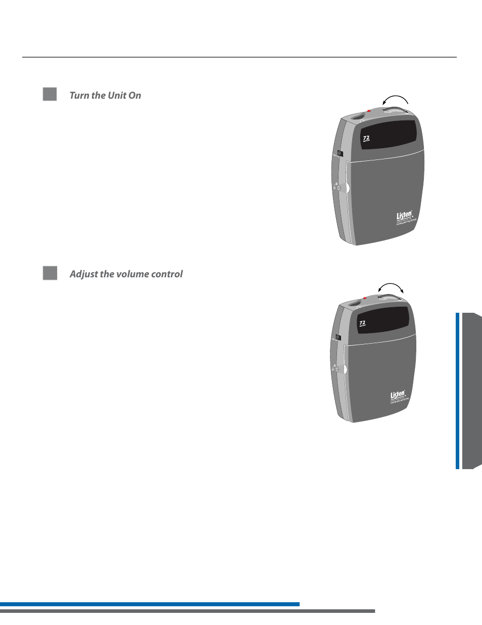Turn the unit on, Adjust the volume control | Listen Technologies LA-161 User Manual | Page 47 / 65
