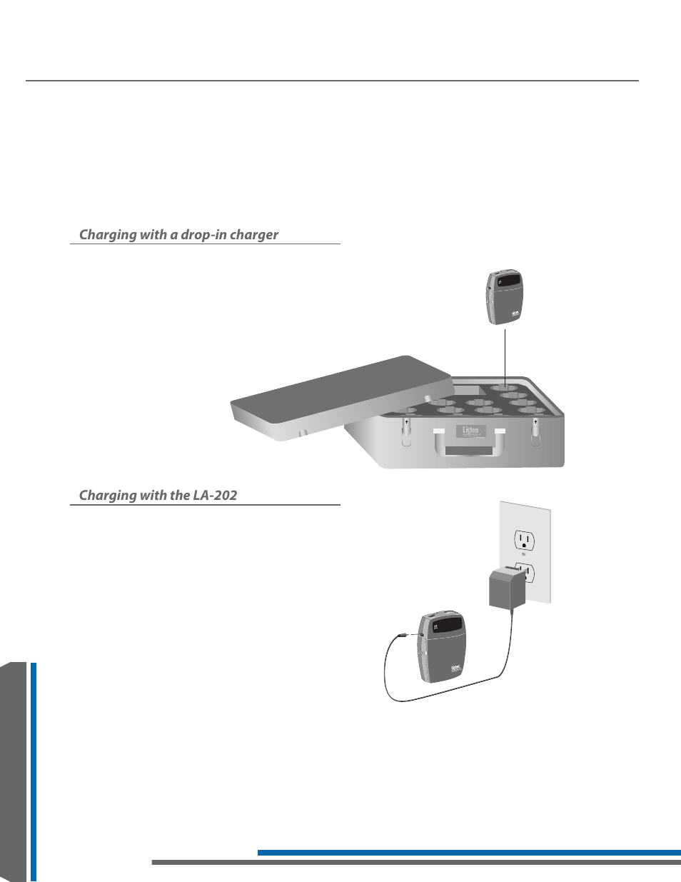 Battery charging information, Charging with a drop-in charger, Charging with the la-202 | Listen Technologies LA-161 User Manual | Page 56 / 65