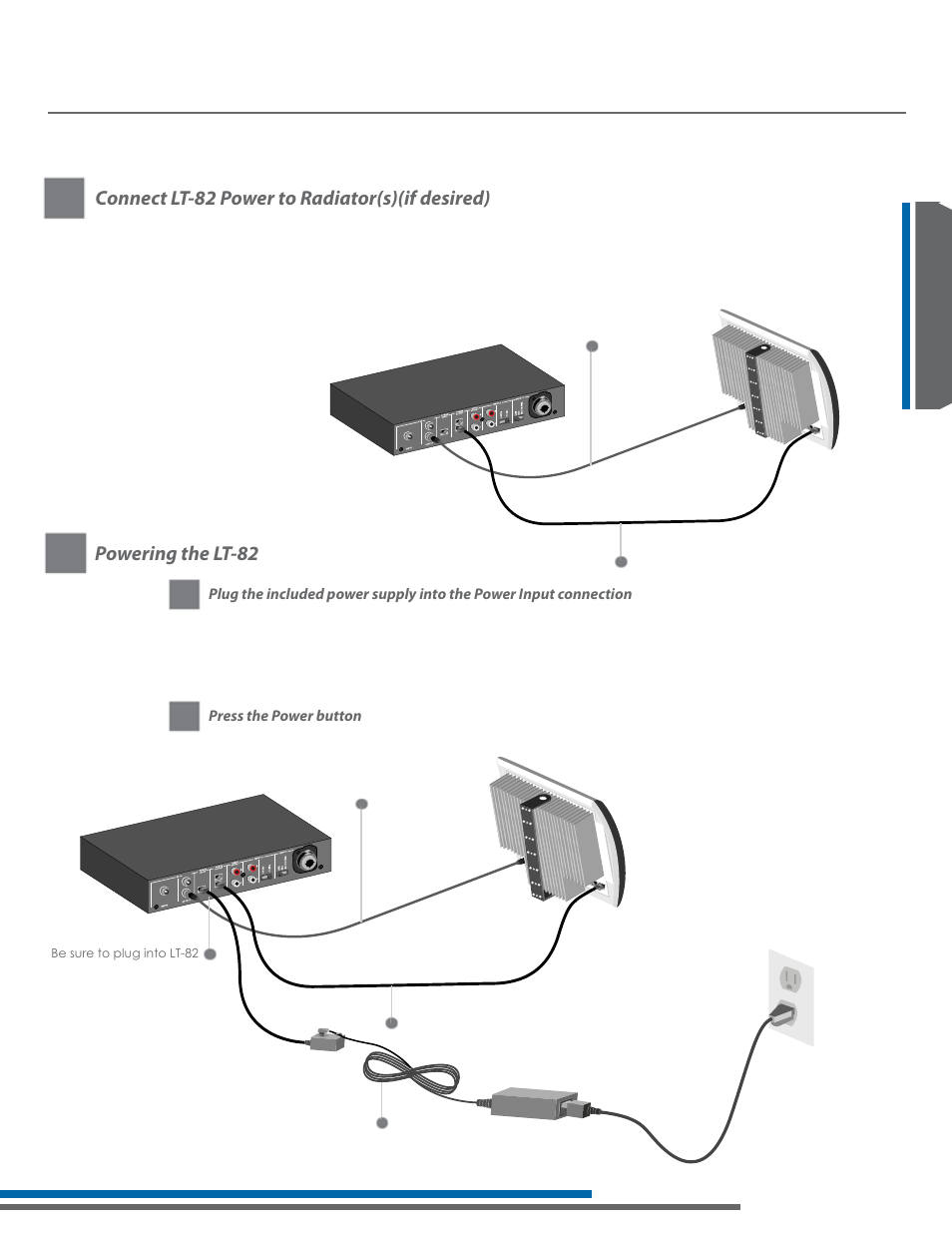 Lt-82 setup and operating instructions, Connect lt-82 power to radiator(s)(if desired), Powering the lt-82 | Listen Technologies Stationary LA-350 User Manual | Page 45 / 148