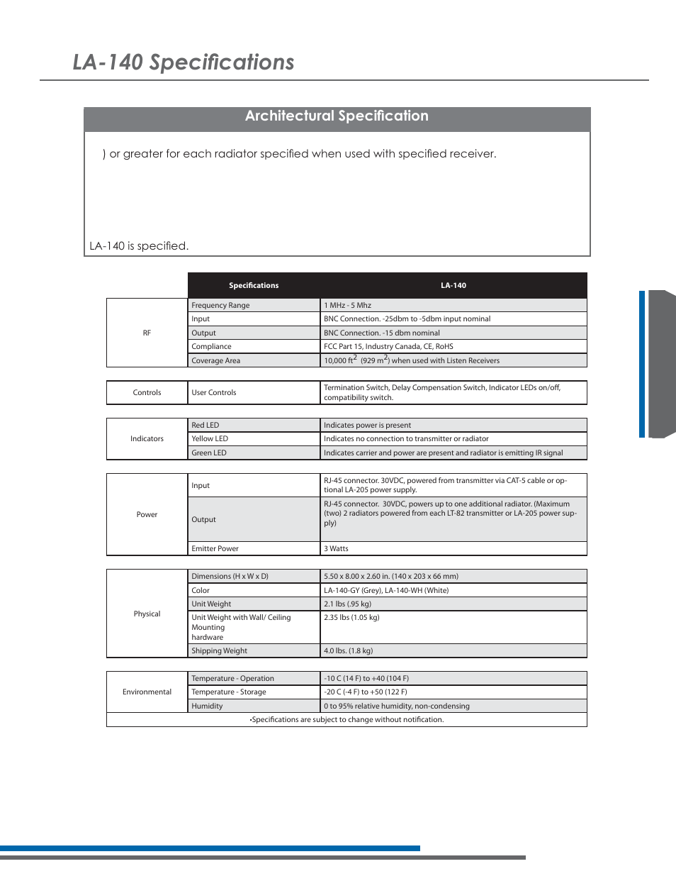 6shflàfdwlrqv, Ufklwhfwxudo6shflàfdwlrq | Listen Technologies Stationary LA-350 User Manual | Page 59 / 148