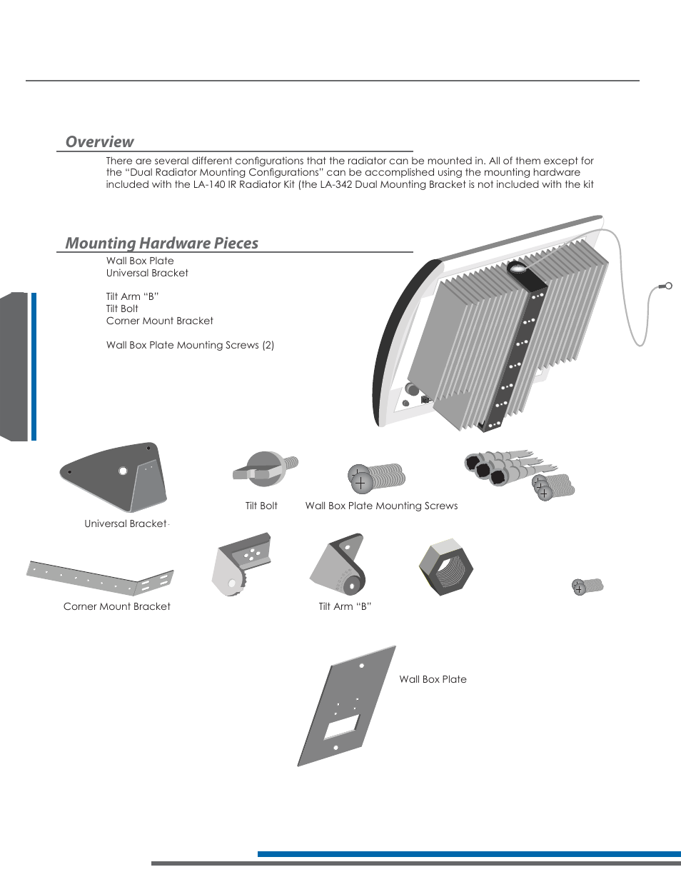 La-140 – mounting your radiator, Overview, Mounting hardware pieces | Listen Technologies Stationary LA-350 User Manual | Page 64 / 148