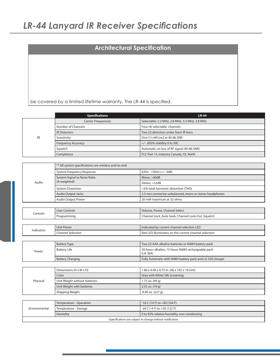 5/dq\dug,55hfhlyhu6shflàfdwlrqv, Ufklwhfwxudo6shflàfdwlrq | Listen Technologies Stationary LA-350 User Manual | Page 94 / 148