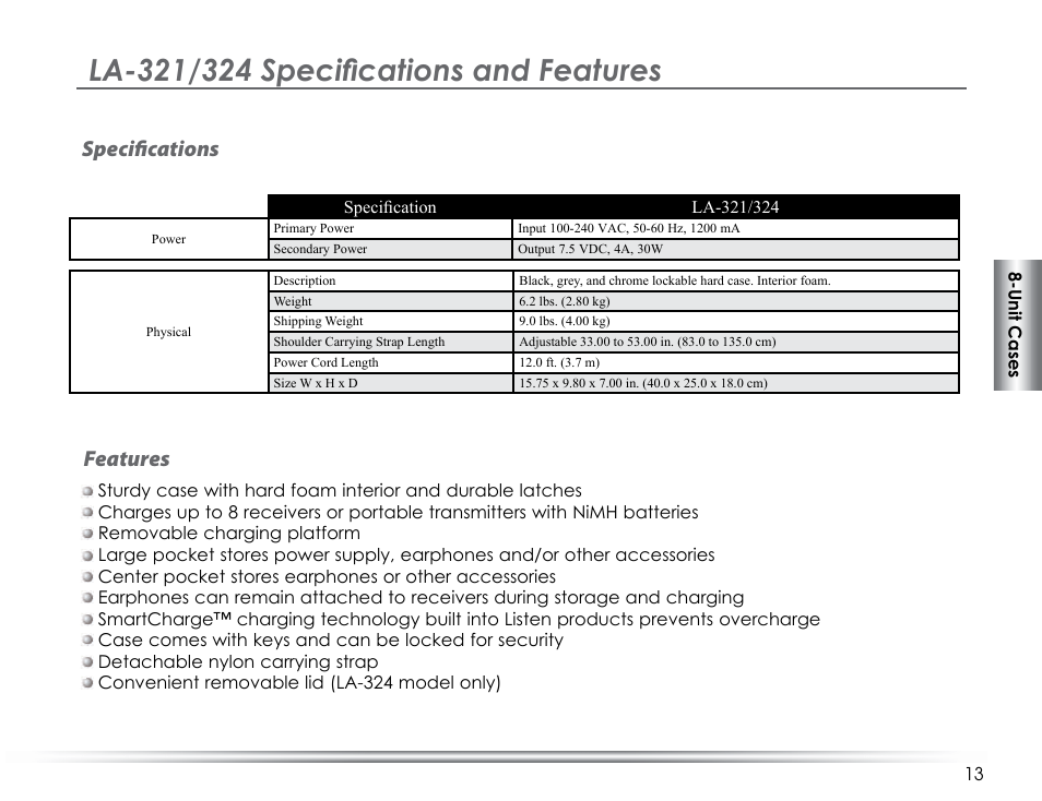 Specifications features | Listen Technologies LA-317 User Manual | Page 17 / 48