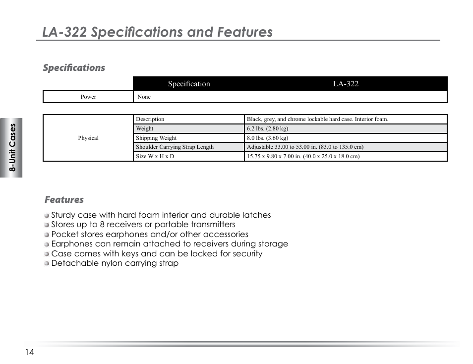 La-322 speciﬁcations and features, Specifications features | Listen Technologies LA-317 User Manual | Page 18 / 48